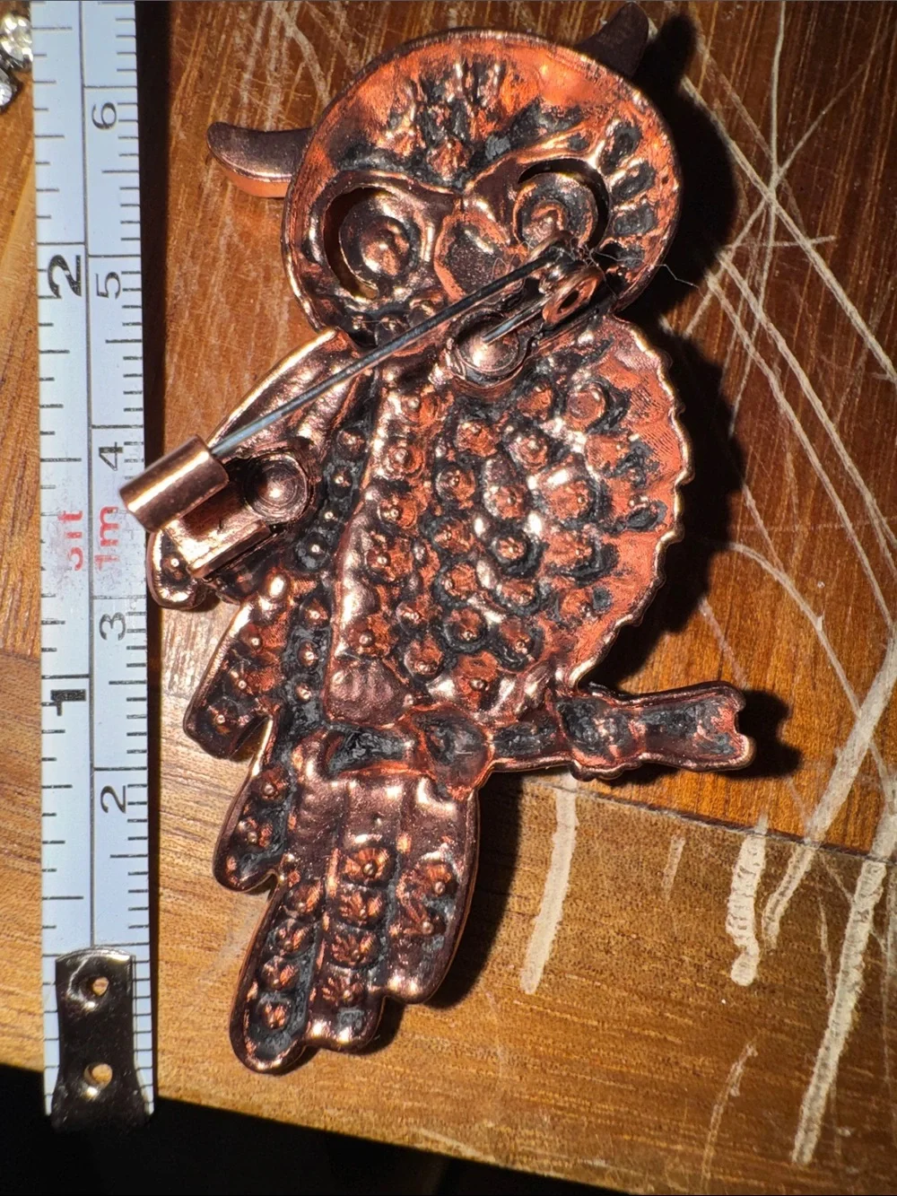 Source Unknown Blue Crystal Owl Brooch with Copper Tone